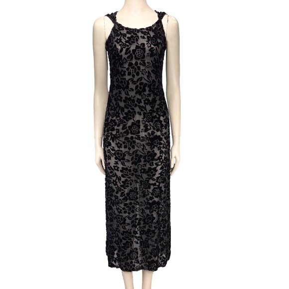 VINTAGE Velvet Floral Lace Sheer Midi Back Slit Sheat Fitted Long Dress sz S Ptp - Picture 1 of 5